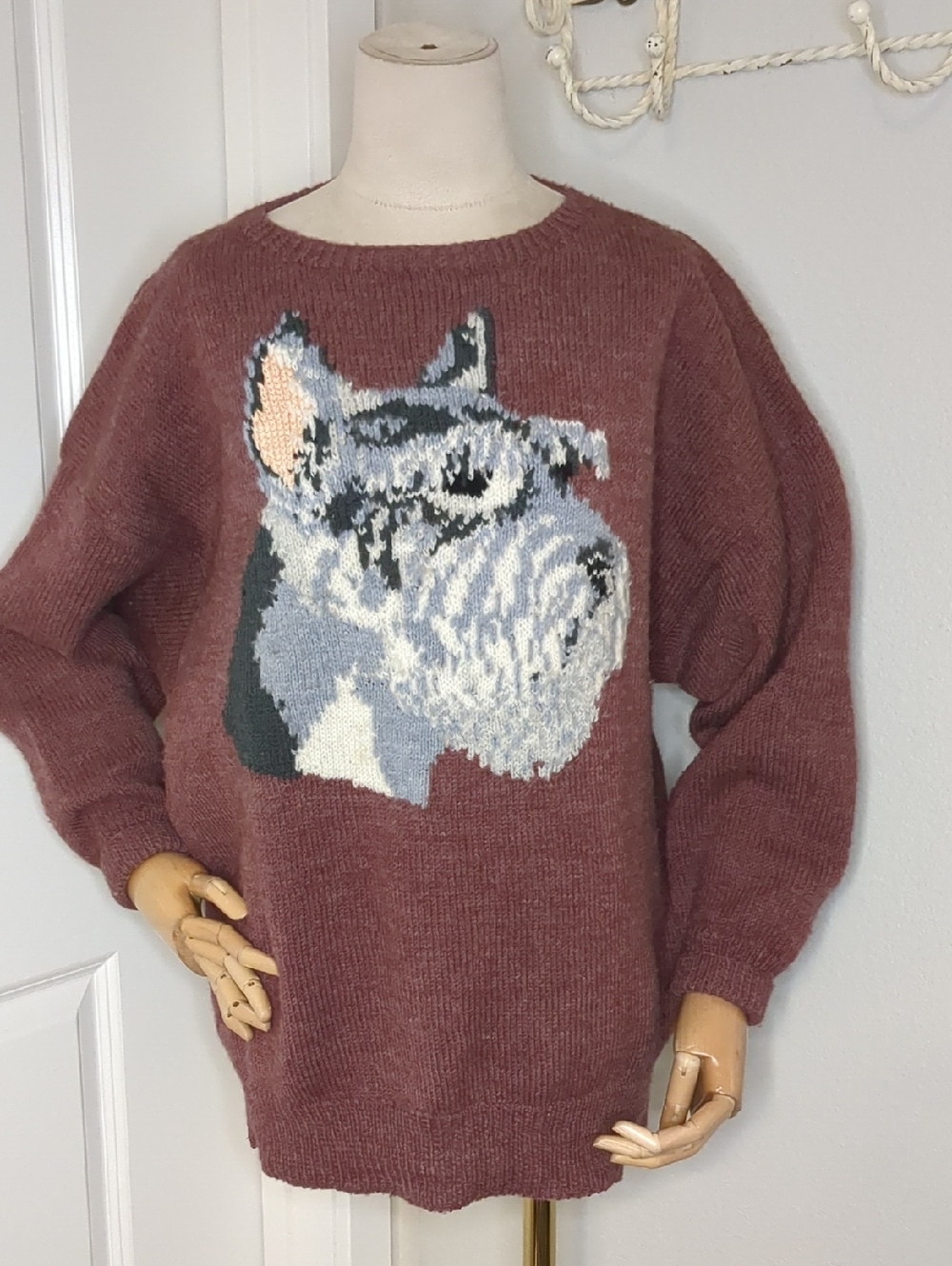 Vintage Handmade Knit Sweater w/ Schnauzer Maroon Grey Custom